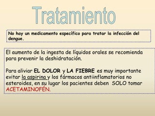 No hay un medicamento específico para tratar la infección del
dengue.
El aumento de la ingesta de líquidos orales se recomienda
para prevenir la deshidratación.
Para aliviar EL DOLOR y LA FIEBRE es muy importante
evitar la aspirina y los fármacos antiinflamatorios no
esteroides, en su lugar los pacientes deben SOLO tomar
ACETAMINOFÉN.
 