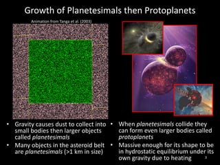 Growth of Planetesimals then Protoplanets
• When planetesimals collide they
can form even larger bodies called
protoplanets
• Massive enough for its shape to be
in hydrostatic equilibrium under its
own gravity due to heating
Animation from Tanga et al. (2003)
• Gravity causes dust to collect into
small bodies then larger objects
called planetesimals
• Many objects in the asteroid belt
are planetesimals (>1 km in size)
3
 