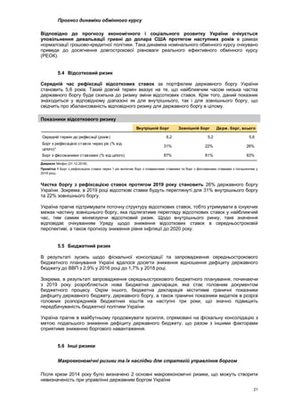 21
Прогноз динаміки обмінного курсу
Відповідно до прогнозу економічного і соціального розвитку України очікується
уповільнення девальвації гривні до долара США протягом наступних років в рамках
нормалізації грошово-кредитної політики. Така динаміка номінального обмінного курсу очікувано
приведе до досягнення довгострокової рівноваги реального ефективного обмінного курсу
(РЕОК).
5.4 Відсотковий ризик
Середній час рефіксації відсоткових ставок за портфелем державного боргу України
становить 5,6 років. Такий довгий термін вказує на те, що найближчим часом низька частка
державного боргу буде схильна до ризику зміни відсоткових ставок. Крім того, даний показник
знаходиться у відповідному діапазоні як для внутрішнього, так і для зовнішнього боргу, що
свідчить про збалансованість відповідного ризику для державного боргу в цілому.
Показники відсоткового ризику
Джерело Мінфін (31.12.2018)
Примітка 1 Борг з рефіксацією ставок через 1 рік включає борг з плаваючими ставками та борг з фіксованими ставками з погашенням у
2018 році.
Частка боргу з рефіксацією ставок протягом 2019 року становить 26% державного боргу
України. Зокрема, в 2019 році відсоткові ставки будуть переглянуті для 31% внутрішнього боргу
та 22% зовнішнього боргу.
Україна прагне підтримувати поточну структуру відсоткових ставок, тобто утримувати в існуючих
межах частину зовнішнього боргу, яка підлягатиме перегляду відсоткових ставок у найближчий
час, тим самим мінімізуючи відсотковий ризик. Щодо внутрішнього ринку, таке значення
відповідає очікуванням Уряду щодо зниження відсоткових ставок в середньостроковій
перспективі, а також прогнозу зниження рівня інфляції до 2020 року.
5.5 Бюджетний ризик
В результаті зусиль щодо фіскальної консолідації та запровадження середньострокового
бюджетного планування Україні вдалося досягти зниження відношення дефіциту державного
бюджету до ВВП з 2,9% у 2016 році до 1,7% у 2018 році.
Зокрема, в результаті запровадження середньострокового бюджетного планування, починаючи
з 2019 року розробляється нова Бюджетна декларація, яка стає головним документом
бюджетного процесу. Окрім іншого, бюджетна декларація міститиме граничні показники
дефіциту державного бюджету, державного боргу, а також граничні показники видатків в розрізі
головних розпорядників бюджетних коштів на наступні три роки, що значно підвищить
передбачуваність бюджетної політики України.
Україна прагне в майбутньому продовжувати зусилля, спрямовані на фіскальну консолідацію з
метою подальшого зниження дефіциту державного бюджету, що разом з іншими факторами
сприятиме зниженню боргового навантаження.
5.6 Інші ризики
Макроекономічні ризики та їх наслідки для стратегій управління боргом
Після кризи 2014 року було визначено 2 основні макроекономічні ризики, що можуть створити
невизначеність при управлінні державним боргом України
Внутрішній борг Зовнішній борг Держ. борг, всього
Середній термін до рефіксації (років) 6,2 5,2 5,6
Борг з рефіксацією ставок через рік (% від
цілого)¹
31% 22% 26%
Борг з фіксованими ставками (% від цілого) 87% 81% 83%
 