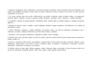 2. Apropriar-se da linguagem escrita, reconhecendo-a como forma de interação nos diferentes campos de atuação da vida social e utilizando-a para
ampliar suas possibilidades de participar da cultura letrada, de construir conhecimentos (inclusive escolares) e de se envolver com maior autonomia
e protagonismo na vida social.
3. Ler, escutar e produzir textos orais, escritos e multissemióticos que circulam em diferentes campos de atuação e mídias, com compreensão,
autonomia, fluência e criticidade, de modo a se expressar e partilhar informações, experiências, ideias e sentimentos, e continuar aprendendo.
4. Compreender o fenômeno da variação linguística, demonstrando atitude respeitosa diante de variedades linguísticas e rejeitando preconceitos
linguísticos.
5. Empregar, nas interações sociais, a variedade e o estilo de linguagem adequados à situação comunicativa, ao(s) interlocutor (es) e ao gênero do
discurso/gênero textual.
6. Analisar informações, argumentos e opiniões manifestados em interações sociais e nos meios de comunicação, posicionando-se ética e
criticamente em relação a conteúdos discriminatórios que ferem direitos humanos e ambientais.
7. Reconhecer o texto como lugar de manifestação e negociação de sentidos, valores e ideologias.
8. Selecionar textos e livros para leitura integral, de acordo com objetivos, interesses e projetos pessoais (estudo, formação pessoal, entretenimento,
pesquisa, trabalho etc.).
9. Envolver-se em práticas de leitura literária que possibilitem o desenvolvimento do senso estético para fruição, valorizando a literatura e outras
manifestações artístico-culturais como formas de acesso às dimensões lúdicas, de imaginário e encantamento, reconhecendo o potencial
transformador e humanizador da experiência com a literatura.
10. Mobilizar práticas da cultura digital, diferentes linguagens, mídias e ferramentas digitais para expandir as formas de produzir sentidos (nos
processos de compreensão e produção), aprender e refletir sobre o mundo e realizar diferentes projetos autorais.
 