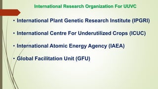 International Research Organization For UUVC
• International Plant Genetic Research Institute (IPGRI)
• International Centre For Underutilized Crops (ICUC)
• International Atomic Energy Agency (IAEA)
• Global Facilitation Unit (GFU)
 
