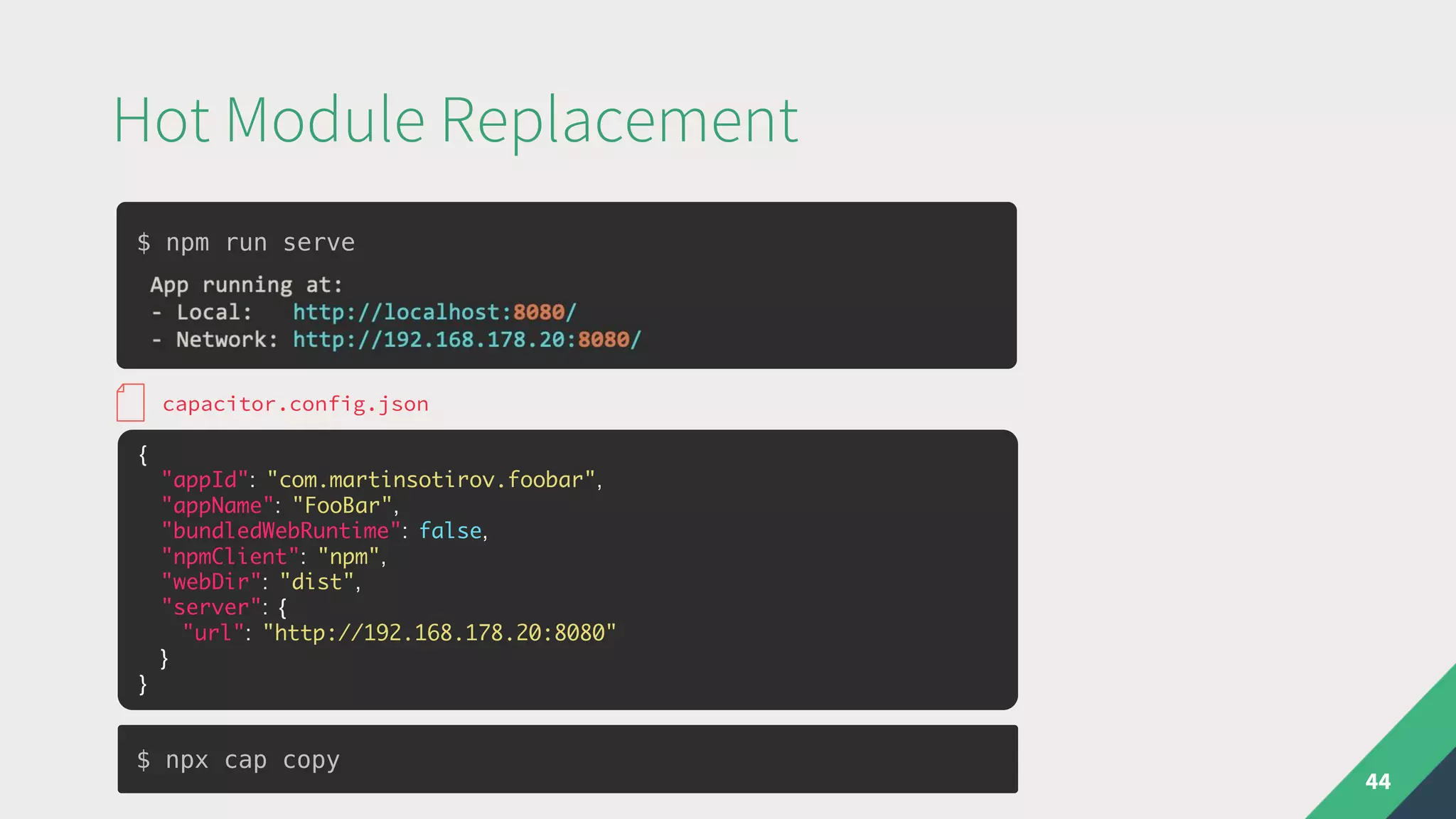 Hot Module Replacement
44
{
"appId": "com.martinsotirov.foobar",
"appName": "FooBar",
"bundledWebRuntime": false,
"npmClient": "npm",
"webDir": "dist",
"server": {
"url": "http://192.168.178.20:8080"
}
}
capacitor.config.json
$ npm run serve
$ npx cap copy
 