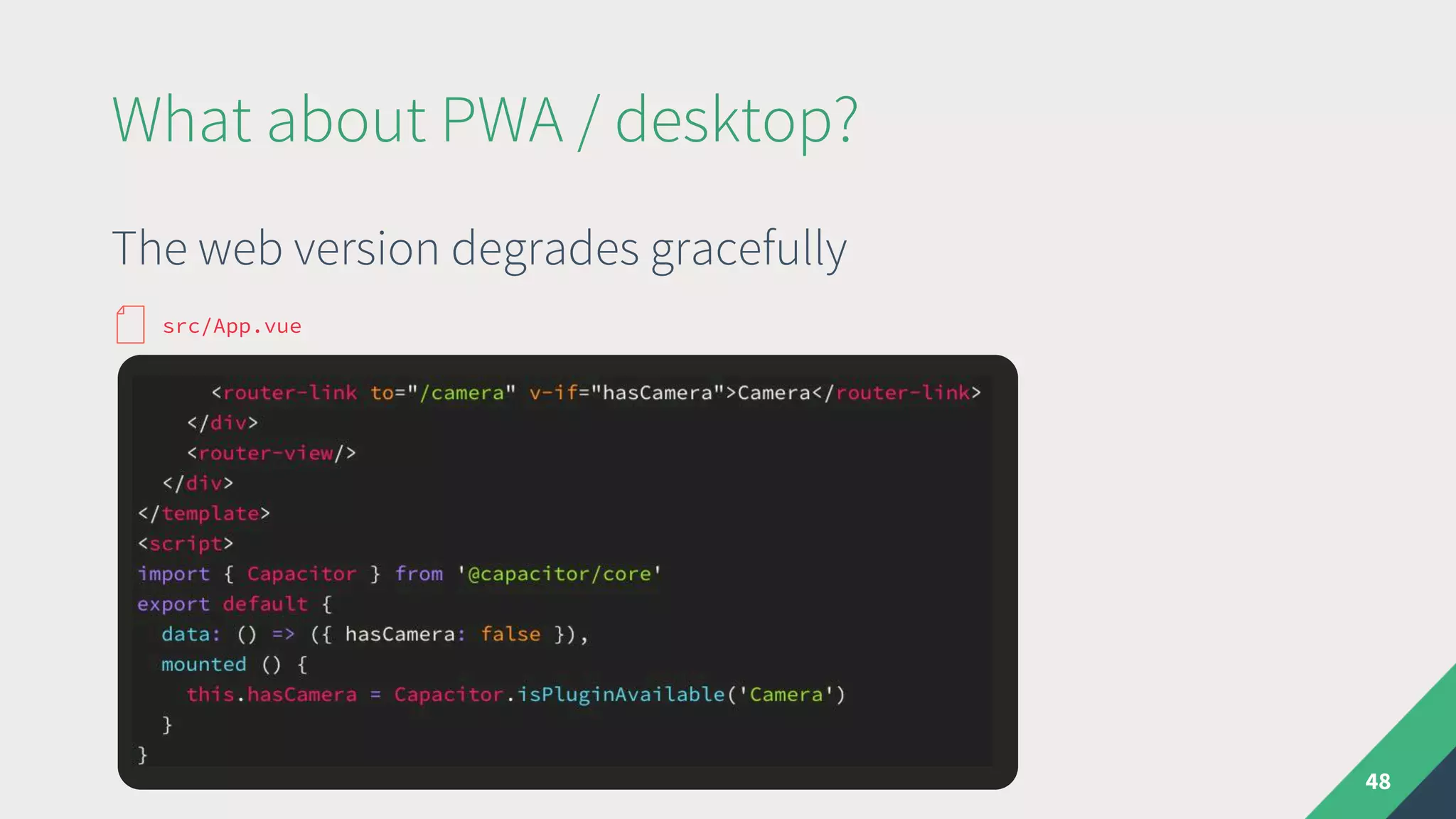 The web version degrades gracefully
What about PWA / desktop?
48
src/App.vue
 