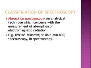  Absorption spectroscopy- An analytical
technique which concerns with the
measurement of absorption of
electromagnetic radiation.
 E.g. UV(185-400nmm)/visible(400-800)
spectroscopy, IR spectroscopy.
 