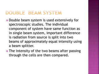  Double beam system is used extensively for
spectroscopic studies. The individual
component of system have same function as
in single beam system, important difference
is radiation from source is split into two
beams of approximately equal intensity using
a beam splitter.
 The intensity of the two beams after passing
through the cells are then compared.
 