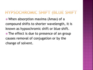  When absorption maxima (λmax) of a
compound shifts to shorter wavelength, it is
known as hypsochromic shift or blue shift.
 The effect is due to presence of an group
causes removal of conjugation or by the
change of solvent.
 