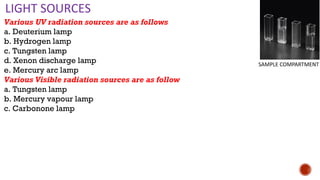 LIGHT SOURCES
Various UV radiation sources are as follows
a. Deuterium lamp
b. Hydrogen lamp
c. Tungsten lamp
d. Xenon discharge lamp
e. Mercury arc lamp
Various Visible radiation sources are as follow
a. Tungsten lamp
b. Mercury vapour lamp
c. Carbonone lamp
SAMPLE COMPARTMENT
 