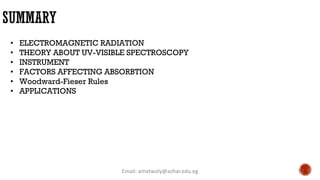 SUMMARY
Email: ametwaly@azhar.edu.eg 52
• ELECTROMAGNETIC RADIATION
• THEORY ABOUT UV-VISIBLE SPECTROSCOPY
• INSTRUMENT
• FACTORS AFFECTING ABSORBTION
• Woodward-Fieser Rules
• APPLICATIONS
 