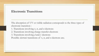 Electronic Transitions
The absorption of UV or visible radiation corresponds to the three types of
electronic transition :
1. Transitions involving π, σ, and n electrons
2. Transitions involving charge-transfer electrons
3. Transitions involving d and f electrons
Possible electronic transitions of π, σ, and n electrons are;
 