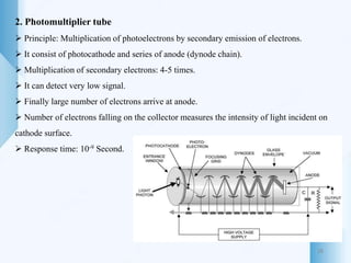 2. Photomultiplier tube
 Principle: Multiplication of photoelectrons by secondary emission of electrons.
 It consist of photocathode and series of anode (dynode chain).
 Multiplication of secondary electrons: 4-5 times.
 It can detect very low signal.
 Finally large number of electrons arrive at anode.
 Number of electrons falling on the collector measures the intensity of light incident on
cathode surface.
 Response time: 10-9 Second.
28
 