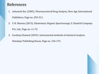 33
References
1. Ashutosh Kar (2005). Pharmaceutical Drug Analysis, New Age International
Publishers, Page no. 293-311.
2. Y. R. Sharma (2013). Elementary Organic Spectroscopy, S. Chand & Company
Pvt. Ltd., Page no. 11-72.
3. Gurdeep Chatwal (2019). Instrumental methods of chemical analysis,
Himalaya Publishing House, Page no. 156-175.
 