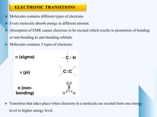  Molecules contains different types of electrons.
 Every molecule absorb energy in different amount.
 Absorption of EMR causes electrons to be excited which results in promotion of bonding
or non-bonding to anti-bonding orbitals.
 Molecules contains 3 types of electrons:
 Transition that takes place when electrons in a molecule are excited from one energy
level to higher energy level.
ELECTRONIC TRANSITIONS
6
 