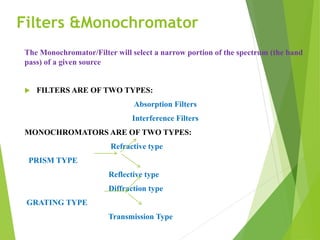Filters &Monochromator
The Monochromator/Filter will select a narrow portion of the spectrum (the band
pass) of a given source
 FILTERS ARE OF TWO TYPES:
Absorption Filters
Interference Filters
MONOCHROMATORS ARE OF TWO TYPES:
Refractive type
PRISM TYPE
Reflective type
Diffraction type
GRATING TYPE
Transmission Type
 