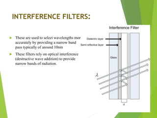 INTERFERENCE FILTERS:
 These are used to select wavelengths more
accurately by providing a narrow band
pass typically of around 10nm
 These filters rely on optical interference
(destructive wave addition) to provide
narrow bands of radiation.
 