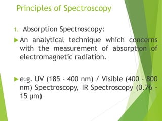 Principles of Spectroscopy
1. Absorption Spectroscopy:
 An analytical technique which concerns
with the measurement of absorption of
electromagnetic radiation.
 e.g. UV (185 - 400 nm) / Visible (400 - 800
nm) Spectroscopy, IR Spectroscopy (0.76 -
15 μm)
 