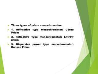  Three types of prism monochromator:
 1. Refractive type monochromator: Cornu
Prism
 2. Reflective Type monochromator: Littrow
prism
 3. Dispersive power type monochromator:
Bunsen Prism
 