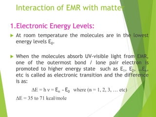 Interaction of EMR with matter
1.Electronic Energy Levels:
 At room temperature the molecules are in the lowest
energy levels E0.
 When the molecules absorb UV-visible light from EMR,
one of the outermost bond / lone pair electron is
promoted to higher energy state such as E1, E2, …En,
etc is called as electronic transition and the difference
is as:
∆E = h ν = En - E0 where (n = 1, 2, 3, … etc)
∆E = 35 to 71 kcal/mole
 