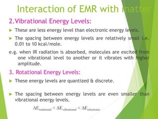 Interaction of EMR with matter
2.Vibrational Energy Levels:
 These are less energy level than electronic energy levels.
 The spacing between energy levels are relatively small i.e.
0.01 to 10 kcal/mole.
e.g. when IR radiation is absorbed, molecules are excited from
one vibrational level to another or it vibrates with higher
amplitude.
3. Rotational Energy Levels:
 These energy levels are quantized & discrete.
 The spacing between energy levels are even smaller than
vibrational energy levels.
∆Erotational < ∆Evibrational < ∆Eelectronic
 