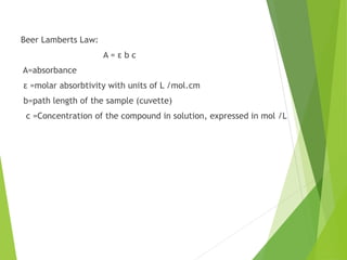 Beer Lamberts Law:
A = ε b c
A=absorbance
ε =molar absorbtivity with units of L /mol.cm
b=path length of the sample (cuvette)
c =Concentration of the compound in solution, expressed in mol /L
 