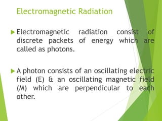 Electromagnetic Radiation
 Electromagnetic radiation consist of
discrete packets of energy which are
called as photons.
 A photon consists of an oscillating electric
field (E) & an oscillating magnetic field
(M) which are perpendicular to each
other.
 