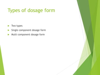 Types of dosage form
 Two types
 Single component dosage form
 Multi component dosage form
 