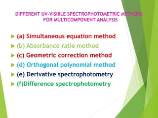 DIFFERENT UV-VISIBLE SPECTROPHOTOMETRIC METHODS
FOR MULTICOMPONENT ANALYSIS
 (a) Simultaneous equation method
 (b) Absorbance ratio method
 (c) Geometric correction method
 (d) Orthogonal polynomial method
 (e) Derivative spectrophotometry
 (f)Difference spectrophotometry
 