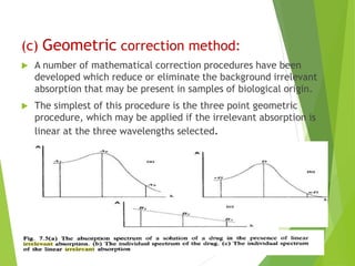 (c) Geometric correction method:
 A number of mathematical correction procedures have been
developed which reduce or eliminate the background irrelevant
absorption that may be present in samples of biological origin.
 The simplest of this procedure is the three point geometric
procedure, which may be applied if the irrelevant absorption is
linear at the three wavelengths selected.
 
