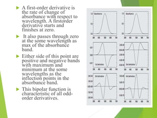  A first-order derivative is
the rate of change of
absorbance with respect to
wavelength. A firstorder
derivative starts and
finishes at zero.
 It also passes through zero
at the some wavelength as
max of the absorbance
band.
 Either side of this point are
positive and negative bands
with maximum and
minimum at the some
wavelengths as the
inflection points in the
absorbance band.
 This bipolar function is
characteristic of all odd-
order derivatives.
 