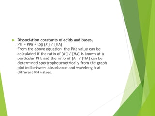  Dissociation constants of acids and bases.
PH = PKa + log [A-] / [HA]
From the above equation, the PKa value can be
calculated if the ratio of [A-] / [HA] is known at a
particular PH. and the ratio of [A-] / [HA] can be
determined spectrophotometrically from the graph
plotted between absorbance and wavelength at
different PH values.
 