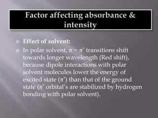  Effect of solvent:
 In polar solvent, 𝜋 − 𝜋* transitions shift
towards longer wavelength (Red shift),
because dipole interactions with polar
solvent molecules lower the energy of
excited state (𝜋*) than that of the ground
state (𝜋* orbital’s are stabilized by hydrogen
bonding with polar solvent).
 