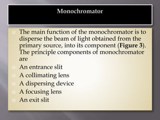  The main function of the monochromator is to
disperse the beam of light obtained from the
primary source, into its component (Figure 3).
The principle components of monochromator
are
 An entrance slit
 A collimating lens
 A dispersing device
 A focusing lens
 An exit slit
 