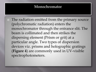  The radiation emitted from the primary source
(polychromatic radiation) enters the
monochromator through the entrance slit. The
beam is collimated and then strikes the
dispersing element (Prism or grit) at a
particular angle. Two types of dispersion
devices viz. prisms and holographic gratings
(Figure 4) are commonly used in UV-visible
spectrophotometers.
 