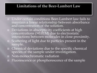  Under certain conditions Beer-Lambert law fails to
maintain a linear relationship between absorbance
and concentration of the solution.
 Deviations in absorptivity coefficients at high
concentrations (>0.01M) due to electrostatic
interactions between molecules in close proximity.
 Scattering of light due to particles present in the
sample.
 Chemical deviations due to the specific chemical
species of the sample under investigation.
 Non-monochromatic radiation
 Fluorescence or phosphorescence of the sample
 