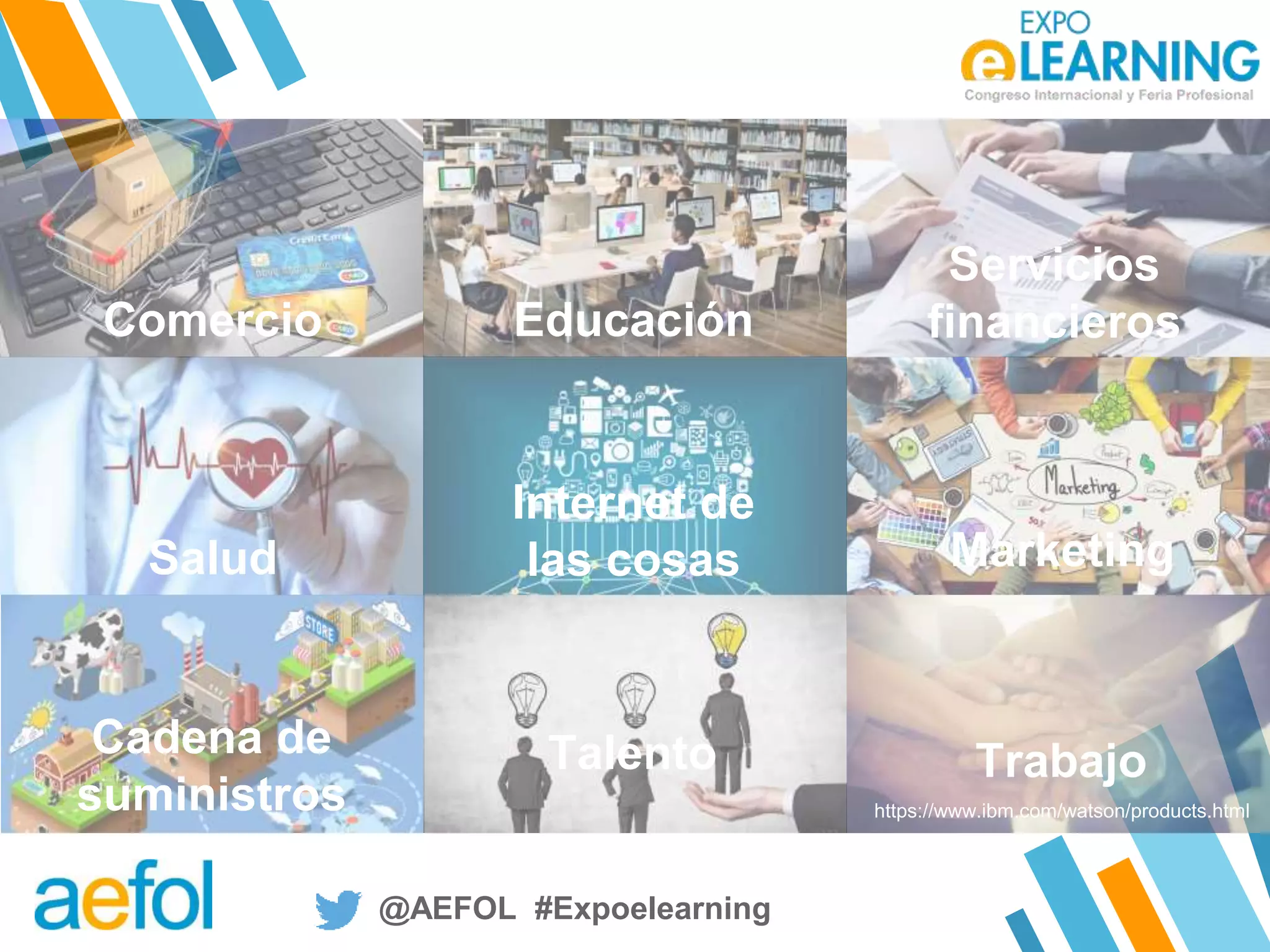 @AEFOL #Expoelearning@AEFOL #Expoelearning
https://www.ibm.com/watson/products.html
Comercio Educación
Servicios
financieros
Salud
Internet de
las cosas Marketing
Cadena de
suministros
Talento Trabajo
 