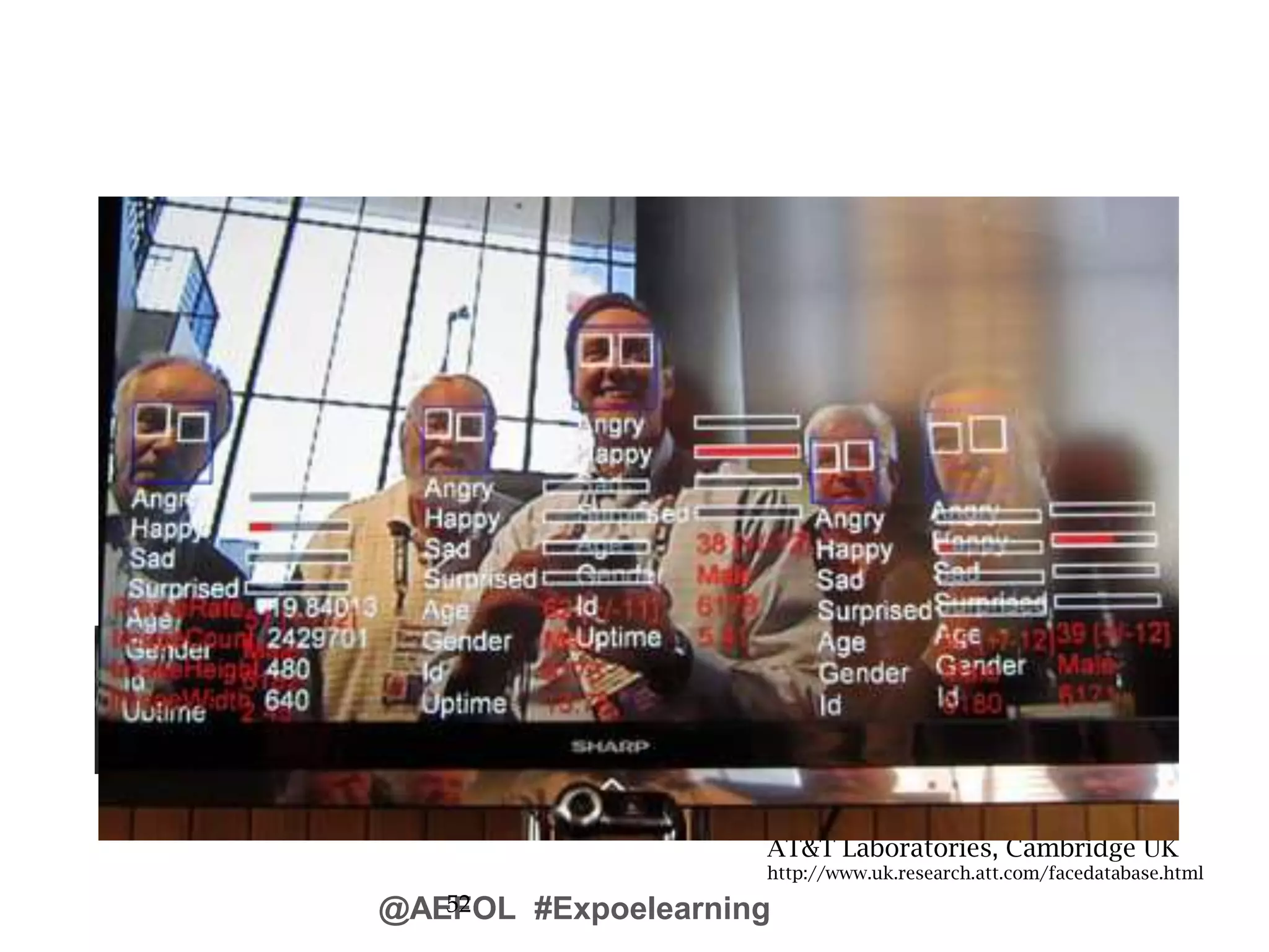 @AEFOL #Expoelearning52
Face RecognitionTraining examples of a person
Test images
AT&T Laboratories, Cambridge UK
http://www.uk.research.att.com/facedatabase.html
 