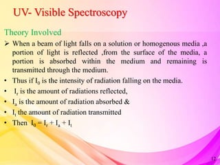 UV- Visible Spectroscopy
12
Theory Involved
 When a beam of light falls on a solution or homogenous media ,a
portion of light is reflected ,from the surface of the media, a
portion is absorbed within the medium and remaining is
transmitted through the medium.
• Thus if I0 is the intensity of radiation falling on the media.
• Ir is the amount of radiations reflected,
• Ia is the amount of radiation absorbed &
• It the amount of radiation transmitted
• Then I0 = Ir + Ia + It
 