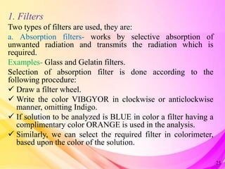 1. Filters
Two types of filters are used, they are:
a. Absorption filters- works by selective absorption of
unwanted radiation and transmits the radiation which is
required.
Examples- Glass and Gelatin filters.
Selection of absorption filter is done according to the
following procedure:
 Draw a filter wheel.
 Write the color VIBGYOR in clockwise or anticlockwise
manner, omitting Indigo.
 If solution to be analyzed is BLUE in color a filter having a
complimentary color ORANGE is used in the analysis.
 Similarly, we can select the required filter in colorimeter,
based upon the color of the solution.
25
 