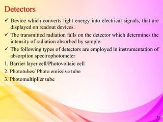 Detectors
 Device which converts light energy into electrical signals, that are
displayed on readout devices.
 The transmitted radiation falls on the detector which determines the
intensity of radiation absorbed by sample.
 The following types of detectors are employed in instrumentation of
absorption spectrophotometer
1. Barrier layer cell/Photovoltaic cell
2. Phototubes/ Photo emissive tube
3. Photomultiplier tube
35
 