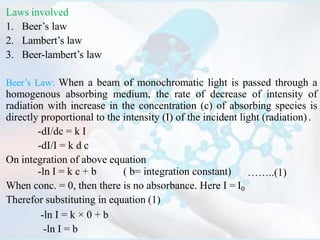 Laws involved
1. Beer’s law
2. Lambert’s law
3. Beer-lambert’s law
Beer’s Law: When a beam of monochromatic light is passed through a
homogenous absorbing medium, the rate of decrease of intensity of
radiation with increase in the concentration (c) of absorbing species is
directly proportional to the intensity (I) of the incident light (radiation) .
-dI/dc = k I
-dI/I = k d c
On integration of above equation
……..(1)-ln I = k c + b ( b= integration constant)
When conc. = 0, then there is no absorbance. Here I = I0
Therefor substituting in equation (1)
-ln I = k × 0 + b
-ln I = b
 