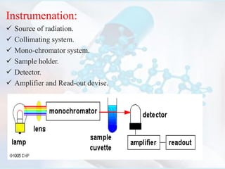 Instrumenation:
 Source of radiation.
 Collimating system.
 Mono-chromator system.
 Sample holder.
 Detector.
 Amplifier and Read-out devise.
 