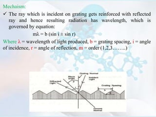 Mechaism:
 The ray which is incident on grating gets reinforced with reflected
ray and hence resulting radiation has wavelength, which is
governed by equation:
mλ = b (sin i ± sin r)
Where λ = wavelength of light produced, b = grating spacing, i = angle
of incidence, r = angle of reflection, m = order (1,2,3……..)
 