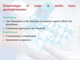 Disadvantages of single & double beam
spectrophotometer:
Single beam
o Any fluctuation in the intensity of radiation sources affects the
absorbance.
o Continuous spectrum is not obtained.
Double beam
o Construction is complicated.
o Instrument is expensive.
 