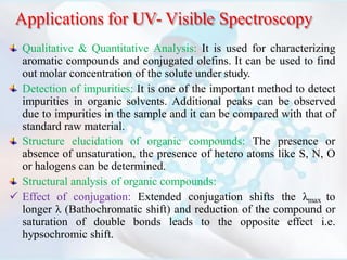 Applications for UV- Visible Spectroscopy
Qualitative & Quantitative Analysis: It is used for characterizing
aromatic compounds and conjugated olefins. It can be used to find
out molar concentration of the solute under study.
Detection of impurities: It is one of the important method to detect
impurities in organic solvents. Additional peaks can be observed
due to impurities in the sample and it can be compared with that of
standard raw material.
Structure elucidation of organic compounds: The presence or
absence of unsaturation, the presence of hetero atoms like S, N, O
or halogens can be determined.
Structural analysis of organic compounds:
 Effect of conjugation: Extended conjugation shifts the λmax to
longer λ (Bathochromatic shift) and reduction of the compound or
saturation of double bonds leads to the opposite effect i.e.
hypsochromic shift.
 