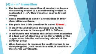 [4] n - π* transition
 The transition or promotion of an electron from a
non-bonding orbital to a π antibonding orbital i...