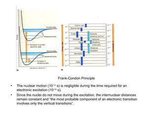 Frank-Condon Principle 
• The nuclear motion (10-13 s) is negligible during the time required for an 
electronic excitation (10-16 s). 
• Since the nuclei do not move during the excitation, the internuclear distances 
remain constant and “the most probable component of an electronic transition 
involves only the vertical transitions”. 
 