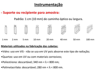 Padrão: 1 cm (10 mm) de caminho óptico ou largura.
1 mm 2 mm 5 mm 10 mm 20 mm 50 mm 100 mm40 mm
Materiais utilizados na fabricação das cubetas:
•Vidro: uso em VIS - não se usa em UV pois absorve este tipo de radiação;
•Quartzo: uso em UV ou com materiais corrosivos;
•Poliestireno: descartável; 340 nm < λ < 800 nm;
•Polimetacrilato: descartável; 280 nm < λ < 800 nm.
Instrumentação
- Suporte ou recipiente para amostra:
 