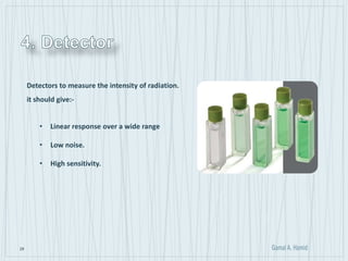 29
Detectors to measure the intensity of radiation.
it should give:-
• Linear response over a wide range
• Low noise.
• High sensitivity.
 