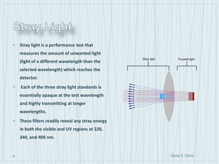 37
• Stray light is a performance test that
measures the amount of unwanted light
(light of a different wavelength than the
selected wavelength) which reaches the
detector.
• Each of the three stray light standards is
essentially opaque at the test wavelength
and highly transmitting at longer
wavelengths.
• These filters readily reveal any stray energy
in both the visible and UV regions at 220,
340, and 400 nm.
 
