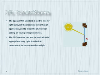 38
• The opaque 0%T Standard is used to test for
light leaks, set the electronic zero offset (if
applicable), and to check the 0%T control
setting on your spectrophotometer.
• The 0%T standard can also be used with the
appropriate Stray Light Standard to
determine total instrumental stray light.
 