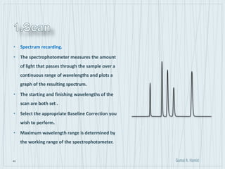 40
• Spectrum recording.
• The spectrophotometer measures the amount
of light that passes through the sample over a
continuous range of wavelengths and plots a
graph of the resulting spectrum.
• The starting and finishing wavelengths of the
scan are both set .
• Select the appropriate Baseline Correction you
wish to perform.
• Maximum wavelength range is determined by
the working range of the spectrophotometer.
 